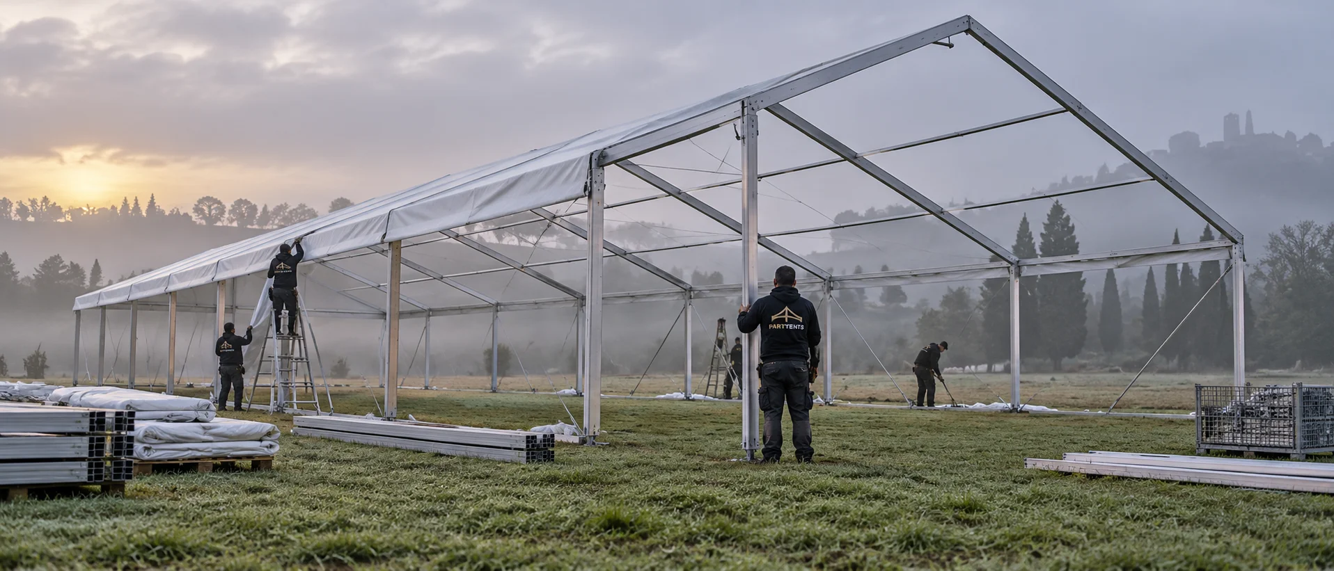 Equipo montando la estructura de una carpa de gran formato al amanecer