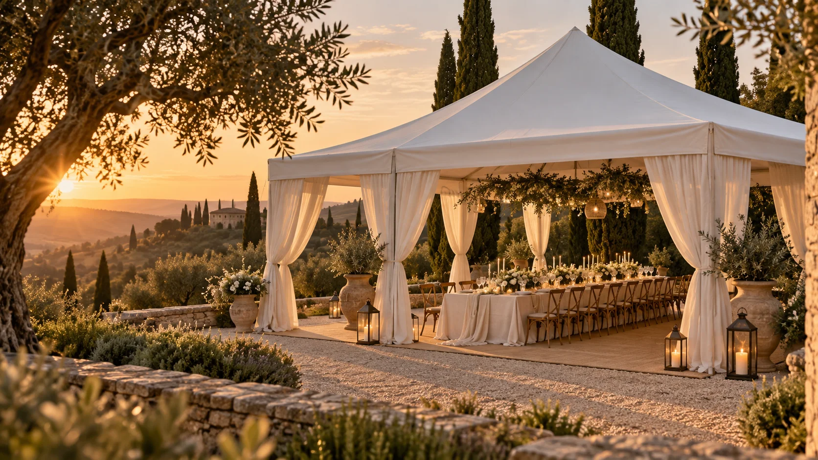 Carpa para boda montada en un jardín