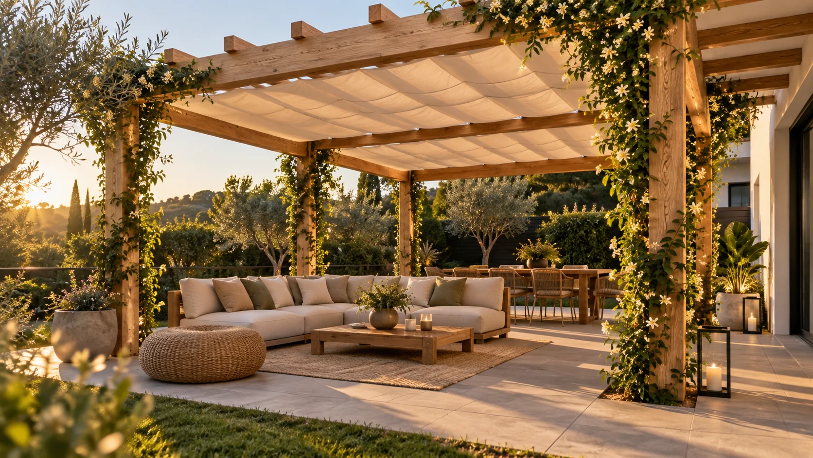 Carpa de madera y pérgola en un jardín