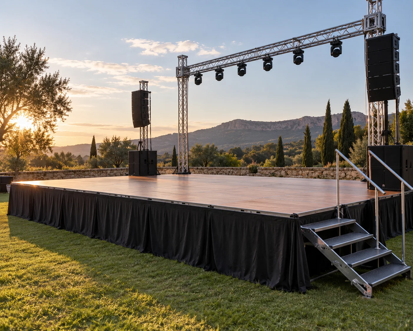 Escenario de tarima modular montado al aire libre